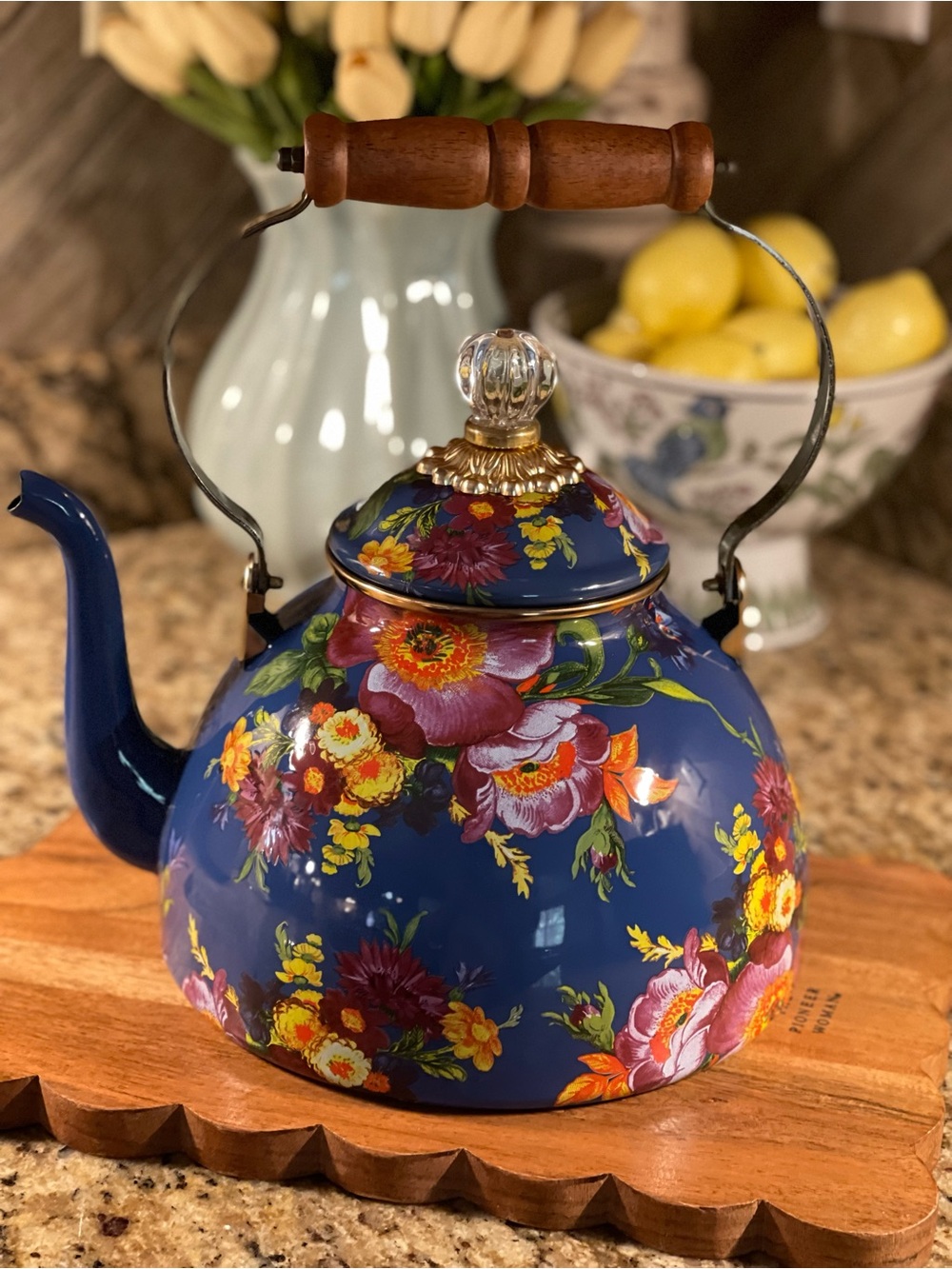 Floral Enamel Teakettle in Deep Blue with Wooden Handle
